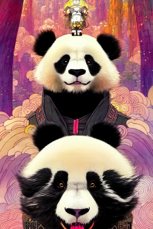 Image similar to a beautiful hyperdetailed character design 4 k wallpaper illustration of a cute panda with a chinese lion dance head victo ngai cyberpunk style, from china, style of studio ghibli, makoto shinkai, raphael lacoste, louis comfort tiffany, artgerm, james jean, ross tran, chinese style