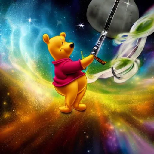 Prompt: Winnie the Pooh wielding a keyblade fighting Sephiroth in space, HD, 4k, detailed, Digital Art