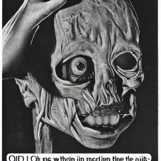 Image similar to 70s magazine scan of an horror movie ad, with veins,nerves and bones