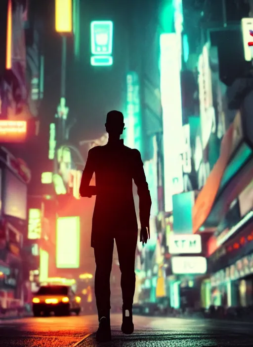Prompt: a 3D render of an android with glowing lights walking down the street in New York City, bokeh, Canon 50mm, cinematic lighting, volumetric light, octane, octane render, redshift render, cyberpunk, Blade Runner, Blade Runner 2049