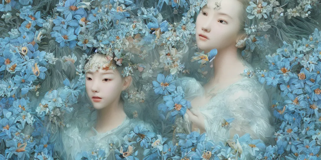 Prompt: breathtaking detailed concept art painting of goddesses of light blue flowers with anxious piercing eyes and background pattern blend of flowers and fruits and birds, by hsiao - ron cheng and beto val and john james audubon, bizarre compositions, exquisite detail, extremely moody lighting, 8 k