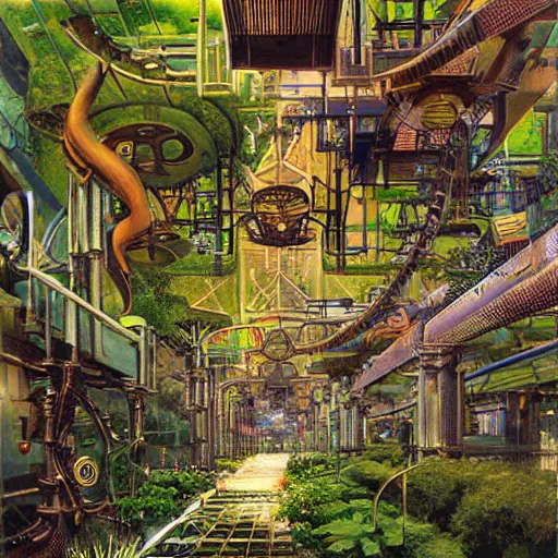 Image similar to steampunk walkway garden geometric hyper realism airbush digital art detailed by john berkey, paul lehr, syd mead, m. c. escher, james christensen, wlop, artgerm, frank gehry