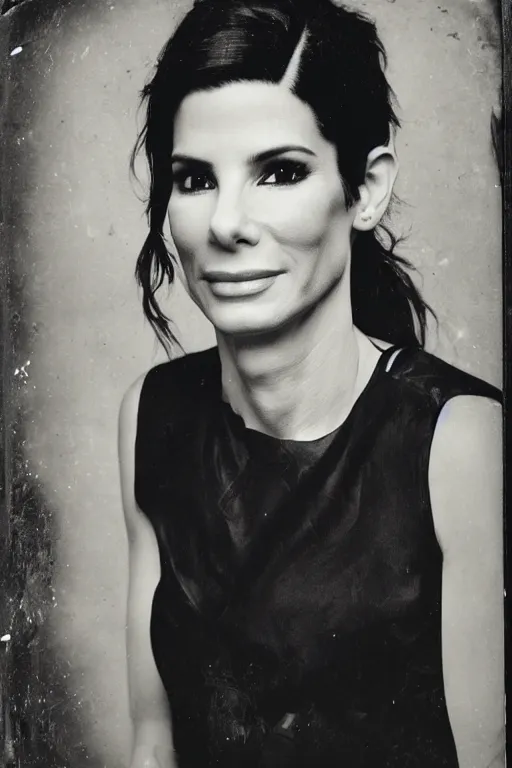 Image similar to a tintype photo of Sandra Bullock