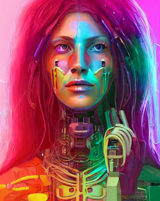 Prompt: colorful portrait of a female hippie with cybernetics, but set in the future 2 1 5 0 | highly detailed | very intricate | symmetrical | professional model | cinematic lighting | award - winning | painted by mandy jurgens | pan futurism, dystopian, bold psychedelic colors, cyberpunk, anime aesthestic | featured on artstation