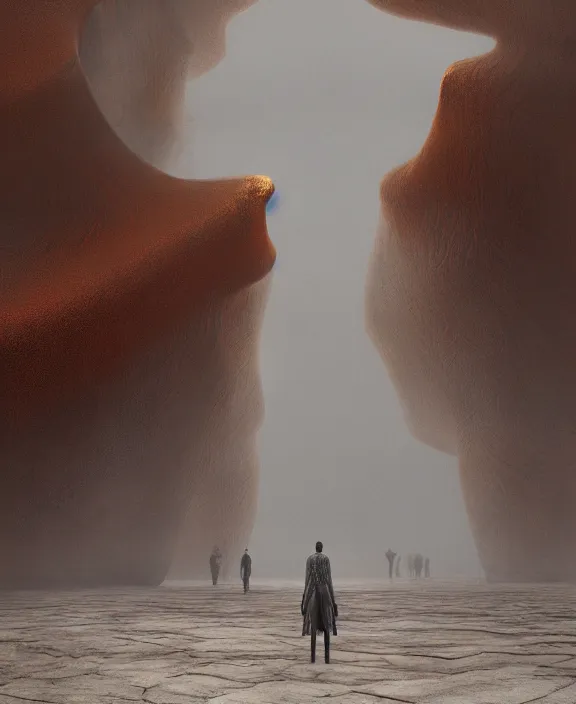 Prompt: surreal epic, masterpiece, romantic iris van herpen building, ancient ochre palette, impossible architecture by ruan jia, mecha floor, futuristic, blame, white architecture in the beach in iceland, foggy, highly detailed, digital painting, arstation, concept art, hyperealistic octane render, unreal engine