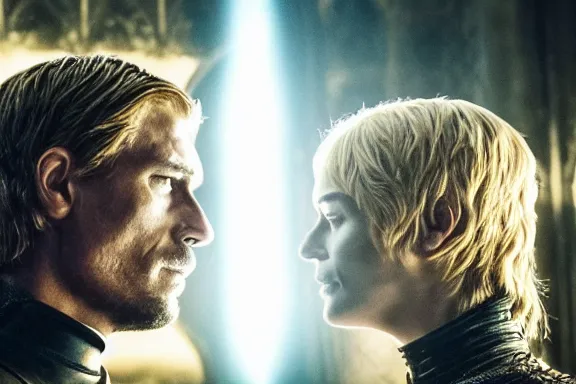 Image similar to very very intricate photorealistic photo of jaime lannister fighting cersei, photo is in focus with detailed atmospheric lighting, award - winning details