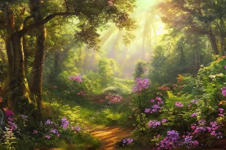 Image similar to lush forested landscape dense with trees and flowers, sunbeams streaming through the foliage, dreamy realism