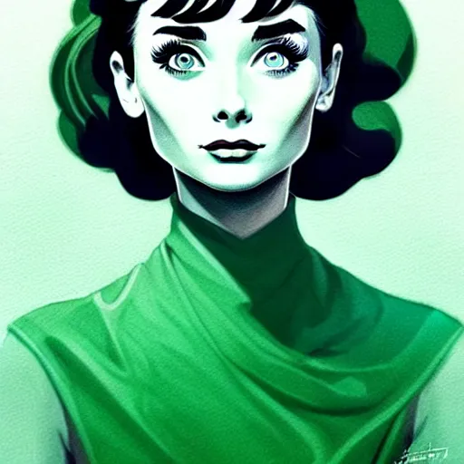 Image similar to in the style of joshua middleton, artgerm, beautiful audrey hepburn, aquapunk, bioshock, full body green dress, elegant pose, spooky, symmetrical face symmetrical eyes, three point lighting, detailed realistic eyes, insanely detailed and intricate elegant, underwater home