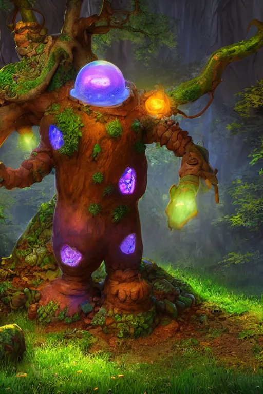 Image similar to arcane fantasy art giant golem elemental wood rock bastion forged gemstone enchanted forest troll, global illumination ray tracing hdr fanart arstation by sung choi and eric pfeiffer and gabriel garza and casper konefal lisa frank zbrush central hardmesh radiating a glowing aura