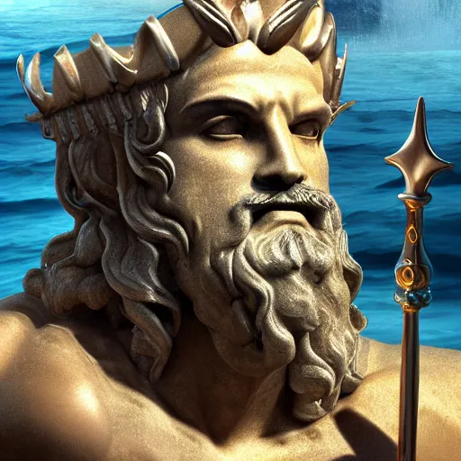 Image similar to detailed close up portrait of Poseidon, the god of the sea, with scepter and crown, rising from the ocean matte painting, photorealistic