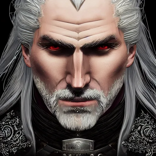 Prompt: portrait of geralt of rivia from the witcher 3, baroque style, elegant, beautiful, mesmerizing, concept art, fancy clothing, highly detailed, artstation, behance, deviantart, inspired by innocent manga, inspired by castlevania concept art, trending, ayami kojima, shinichi sakamoto