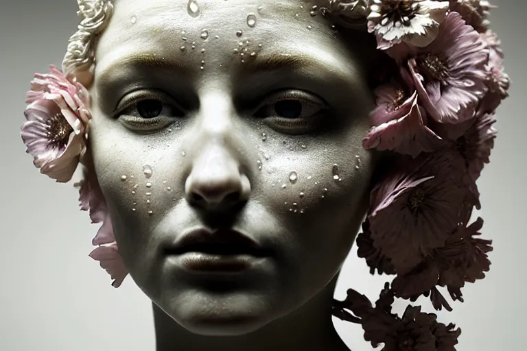 Image similar to a sculpture of a stunningly beautiful woman with flowing tears, fractal flowers on the skin, intricate, a marble sculpture by nicola samori, behance, neo - expressionism, marble sculpture, made of mist, still frame from the prometheus movie by ridley scott with cinematogrophy of christopher doyle, arri alexa, 8 k