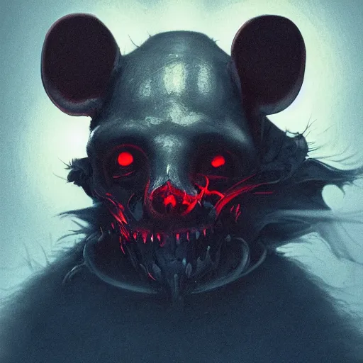 Prompt: an anthropomorphic rat with a rat skull head and glowing red eyes wearing dark robes and floating in blue smoke and holding a blue flame in each bony claw, dramatic lighting, darkness and bright blue smoke, foreboding, photorealistic, sharp focus, 8 k, artstation, artstation hq, greg rutkowski, gregory manchess