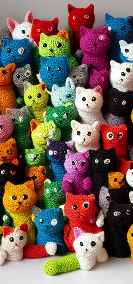 Image similar to multicolored crocheted cats, 2 0 0 0 s catalogue photo,