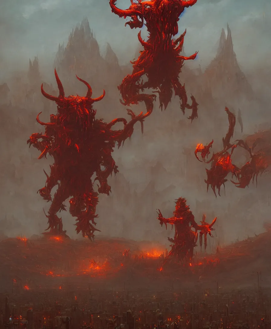 Prompt: giant hangry devil with arms open in judgement day, illustrated by Simon Stålenhag and Gaston Bussiere, intricate, ultra detailed, photorealistic, trending on artstation