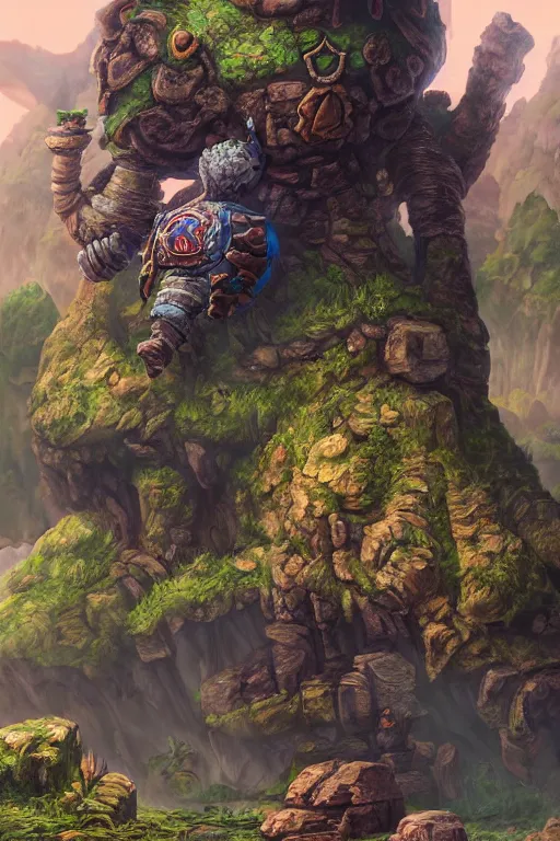 Image similar to zelda fantasy art giant golem troll wood rock greeble gemstone, global illumination ray tracing hdr fanart arstation by sung choi and eric pfeiffer and gabriel garza and casper konefal