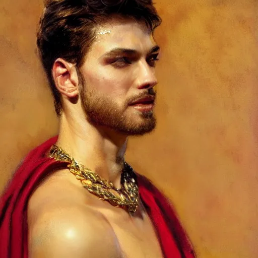 Prompt: detailed realistic cinematic wide shot of beautiful attractive muscular roman empreror gold chain wearing royal red clothes slim face symettrical face clean skin black eyes black robe smooth, sharp focus, ultra realistic, spring light, painting by gaston bussiere, craig mullins, j. c. leyendecker