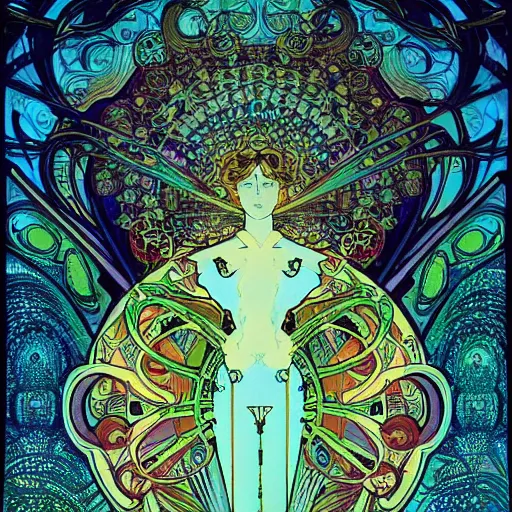 Image similar to psychedelic alphonse mucha victo ngai beautiful cybernetic flower field