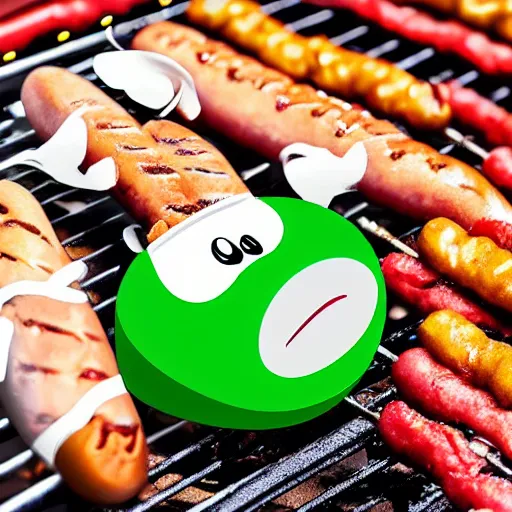 Image similar to white cartoon seal wearing green ski mask cooking hotdogs on the barbecue grill, 8k