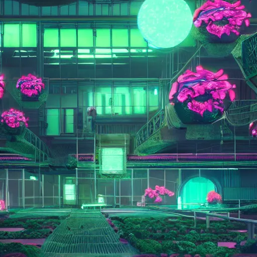 Prompt: rose garden in green house in the middle of a cyberpunk city at night by beeple, neon lights, very detailed, flying cars, blade runner 2 0 4 9