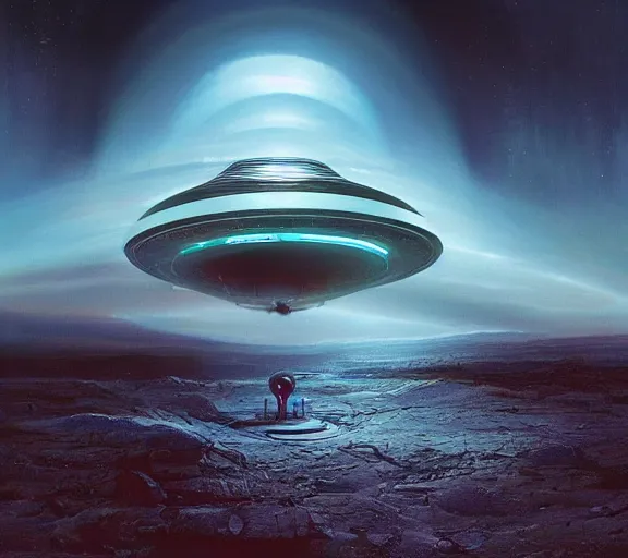 Image similar to alien spaceship landing in earth by jim burns and beeple