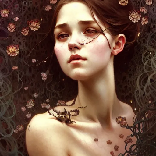 Prompt: Portrait of a girl surrounded by spiders, face, fantasy, intricate, elegant, highly detailed, digital painting, artstation, concept art, smooth, sharp focus, illustration, art by Krenz Cushart and Artem Demura and alphonse mucha