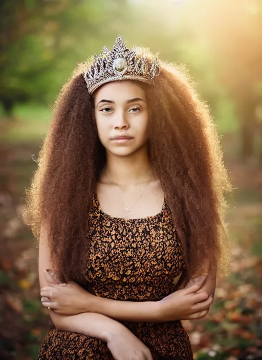 Prompt: portrait of a 1 9 year old woman with a huge royal crown, symmetrical face, brown wavey hair, she has the beautiful calm face of her mother, slightly smiling, ambient light in nature