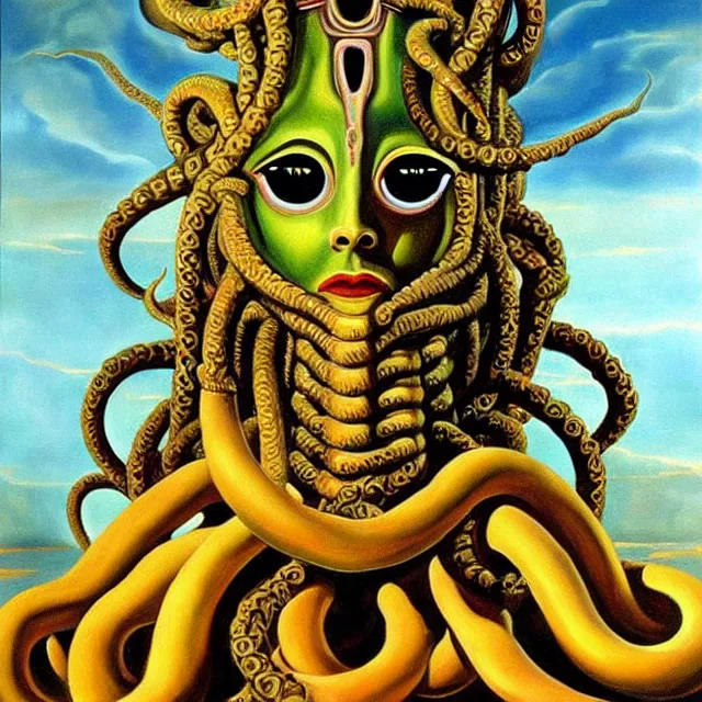 Image similar to a beautiful painting cthulhu mythos robot queen of egypt medusa face, by salvador dali realistic oil painting