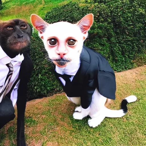 Image similar to Monkey, cat, and dog in suits taking selfie.