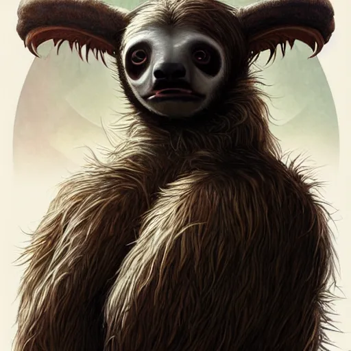 Image similar to unholy sloth, sloth monster, animal sloth, anthropomorphic sloth, demon sloth, demonic robes, damnation, hell, fear, dirty matted fur, evil, horror, fire, gloomy mood, ultra details, art by artgerm, dwayne barlowe, trending on artstation and greg rutkowski and alphonse mucha, 8 k