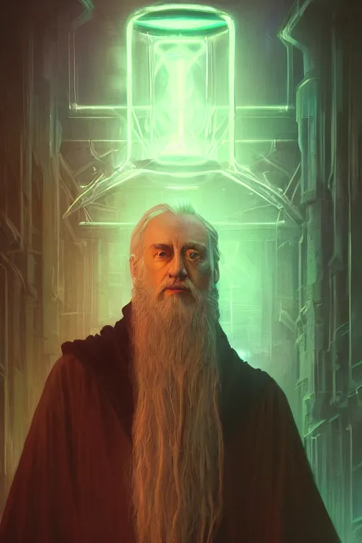 Image similar to portrait of Dumbledore in cyberpunk, neon lighting, night city, digital art from artstation by Ruan Jia and Mandy Jurgens and Artgerm and william-adolphe bouguereau and Greg Rutkowski