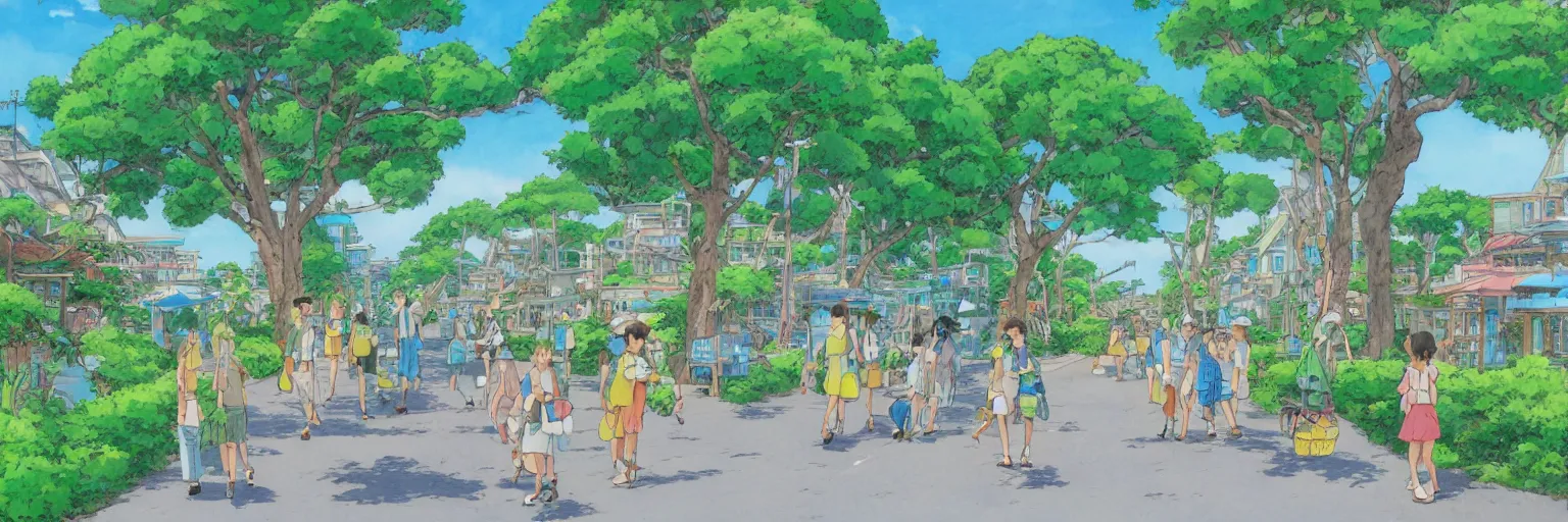 Prompt: summer street near a beach, studio ghibli style