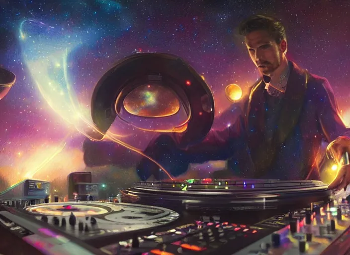 Image similar to Man djing under the galaxy, digital art, artstation, hyperrealistic, 4k, unreal engine, octane render, trending on artstation, art by Artgerm and Greg Rutkowski and Alphonse Mucha