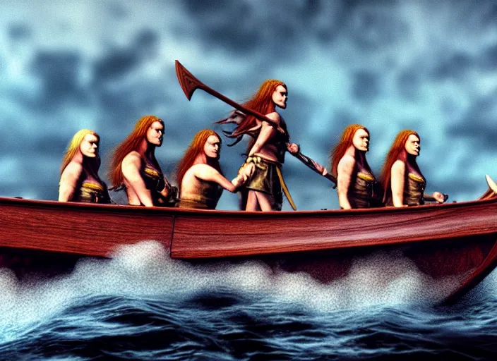 Image similar to photo of beautiful angry viking women in speed boats invading scottland, by richard corben by william eggleston by annie leibovitz, fujifilm velvia 5 0. masterpiece. intricate, hyper realism, high detail, octane render, unreal engine, 8 k, by katsuhiro otomo