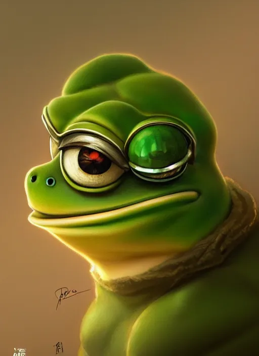 Image similar to pepe the frog, portrait, intricate, sad, highly detailed, digital painting, artstation, concept art, wallpaper, smooth, sharp focus, illustration, art by artgerm and greg rutkowski and alphonse mucha