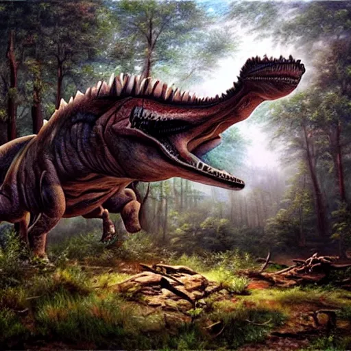 Image similar to hyper realistic oil painting of a dinosaur screaming the back home is a forest