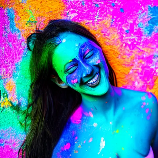 Prompt: a fullbody photo of a female smiling, painted her body with ultraviolet paint, 5 0 mm lens, f 1. 4, sharp focus, ethereal, emotionally evoking, head in focus, volumetric lighting, 8 k