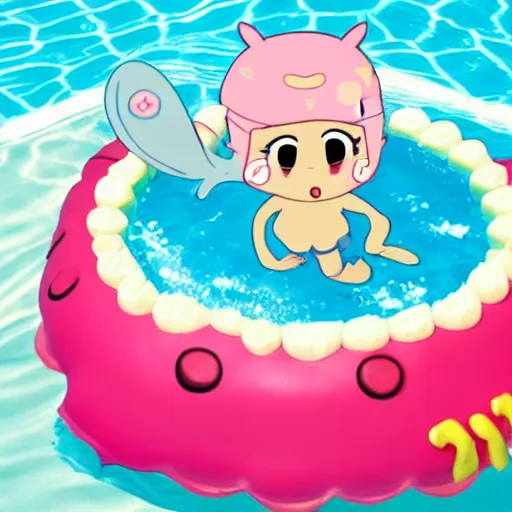 Prompt: a kawai cupcake character wearing a speedo about to dive in a swimming pool