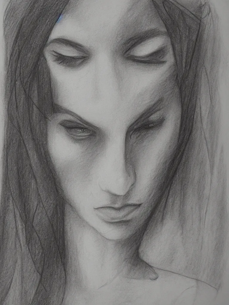 Image similar to geometric sketch of woman, detailed, charcoal on paper,