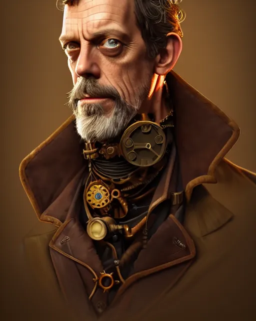 Image similar to steampunk portrait of hugh laurie, au naturel, hyper detailed, digital art, trending in artstation, cinematic lighting, studio quality, smooth render, unreal engine 5 rendered, octane rendered, art style by klimt and nixeu and ian sprigger and wlop and krenz cushart.