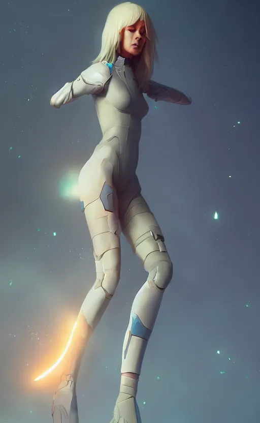 Image similar to sci fi female character, muted colored bodysuit, sci fi, extra large legs, soft lighting, by wojtek fus and ruan jia and makoto shinkai and ilya kuvshinov