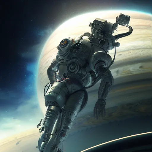 Image similar to cyberpunk astronaut falling through the majestic clouds of jupiter, by cedric peyravernay and feng zhu, highly detailed, excellent composition, cinematic concept art, dramatic lighting, trending on artstation