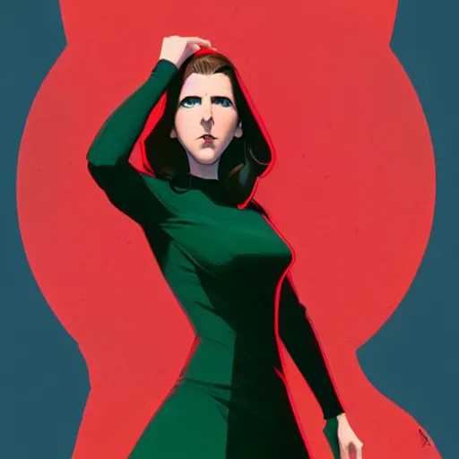 Image similar to Phil Noto comic art, Joshua Middleton art, cinematics lighting, beautiful Anna Kendrick supervillain, green dress with a black hood, angry, symmetrical face, Symmetrical eyes, full body, flying in the air over city, night time, red mood in background