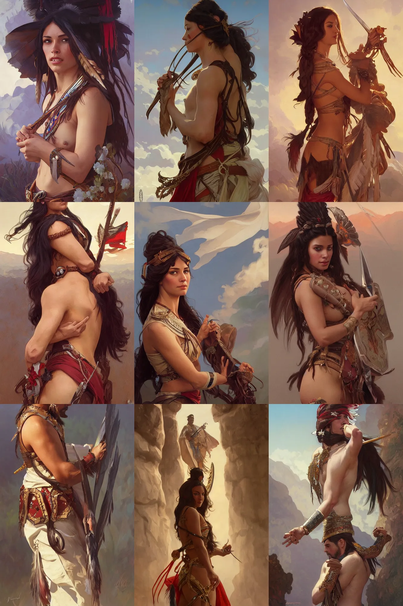 Prompt: spanish conquistador seduced by native american, elegant, highly detailed, digital painting, artstation, concept art, smooth, sharp focus, illustration, art by artgerm and greg rutkowski and alphonse mucha