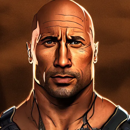 Image similar to dwayne douglas johnson portrait, borderlands, tales from the borderlands, the wolf among us, comic, cinematic lighting, studio quality, 8 k