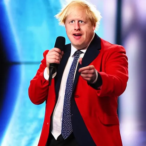 Prompt: boris johnson singing on americas got talent with a microphone | tomatoes and anchors being thrown 4 k photograph