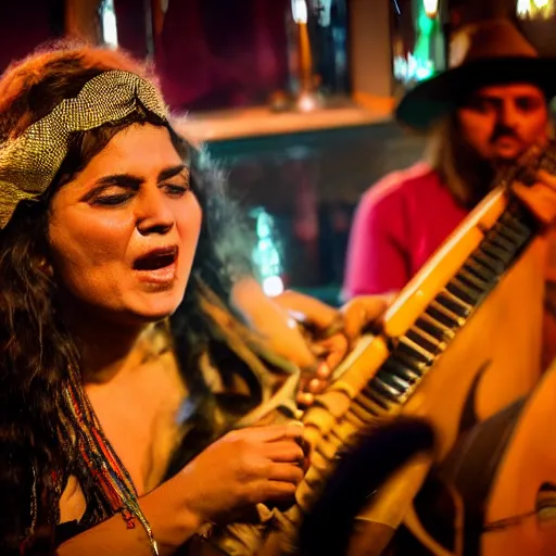 Prompt: a gipsy singer sings a jazz song in a crowded pub, award-winning photograph, dark, golden hour, colorful, night