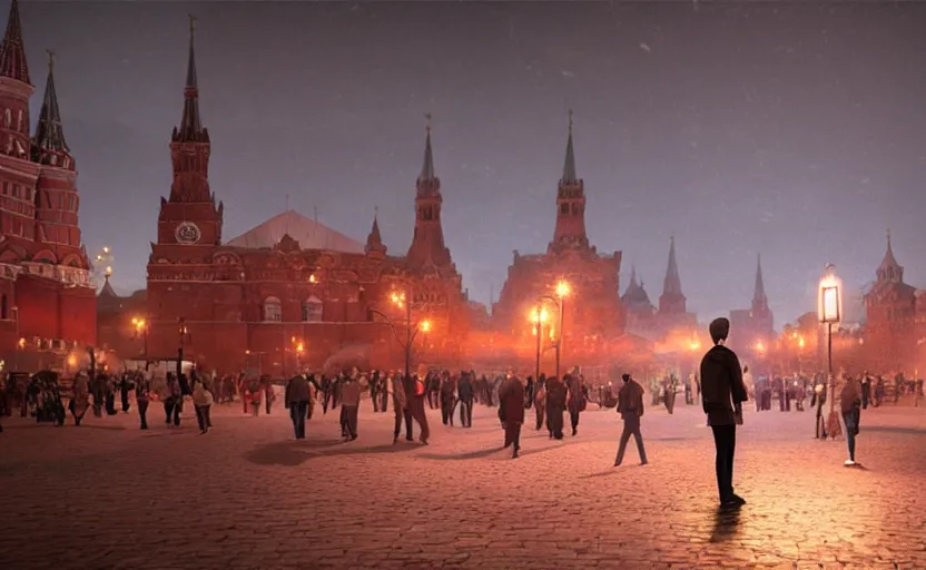Image similar to a man standing in the middle of Red Square at night, a photorealistic painting by Gregory Crewdson, cgsociety, playstation 5 screenshot, matte painting, cryengine
