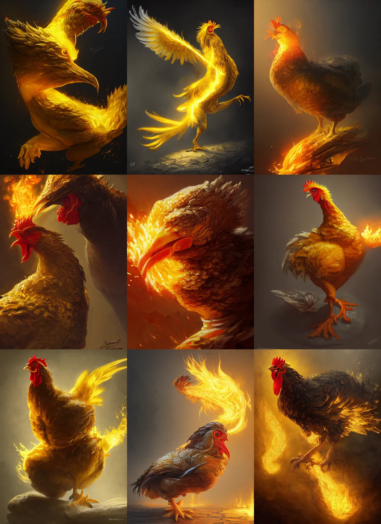 Prompt: chicken yellow, breathing fire, full shot, intricate, elegant, highly detailed, digital painting, artstation, concept art, sharp focus, illustration, aleksi briclot, rutkowski