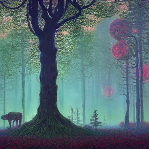 Image similar to A magical forest by Simon Stålenhag and Claude Monet